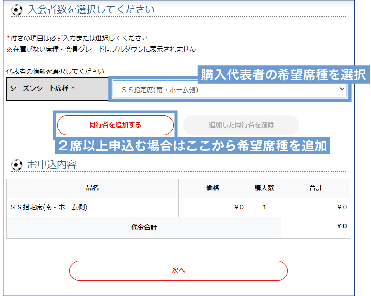 ①席種・購入数選択